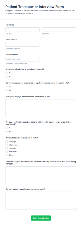 Patient Transporter Interview Question Form Template