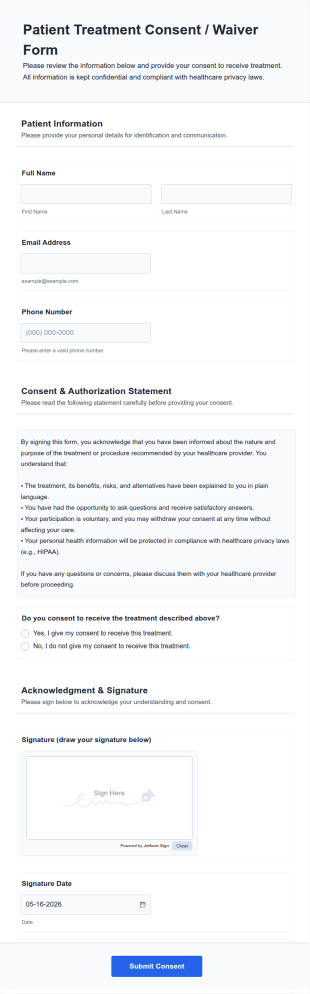 Patient Treatment Consent Waiver Form Template