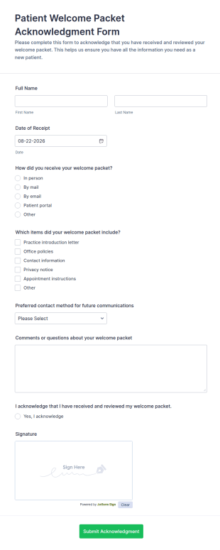 Patient Welcome Packet Acknowledgment Form Template