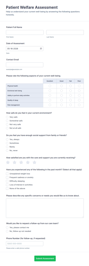 Patient Welfare Assessment Form Template