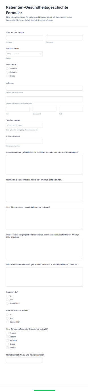 Patienten Gesundheitsgeschichte Formular