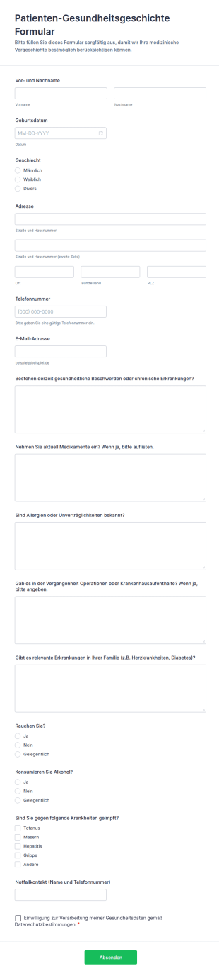 Patienten Gesundheitsgeschichte Formular