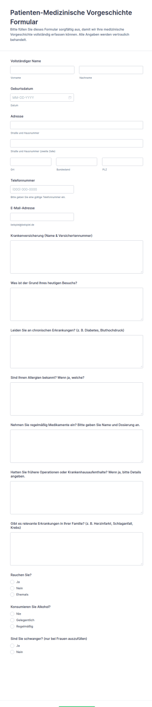 Patienten Medizinische Vorgeschichte Formular