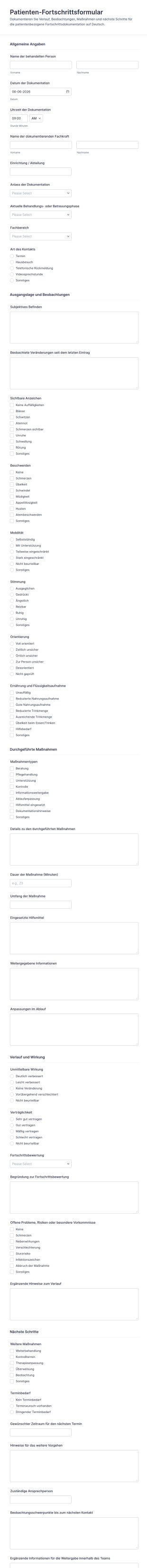 Patientenfortschrittsnotizen Fragebogen