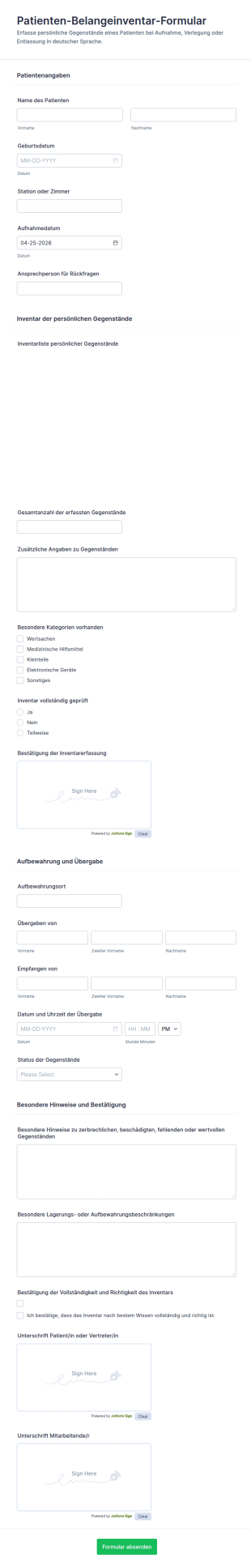 Patientenfundstücke Inventarliste Formular