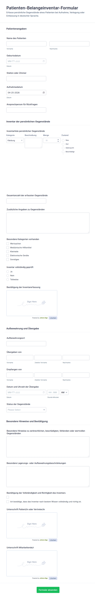 Patientenfundstücke Inventarliste Formular