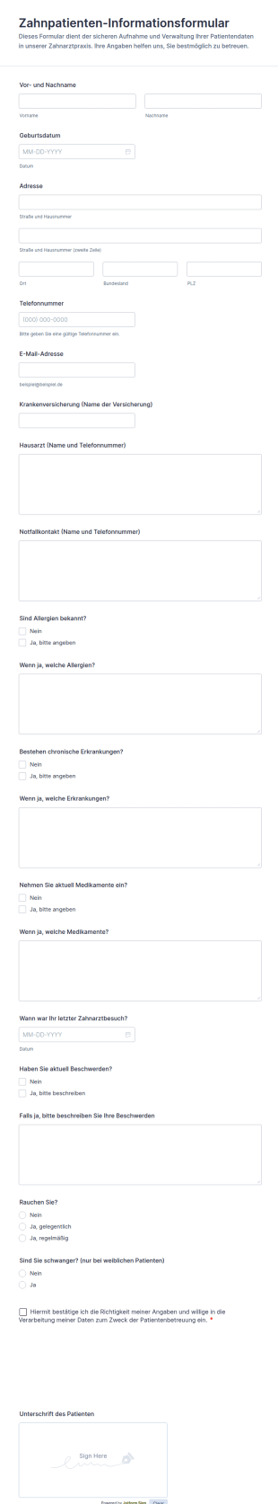 Patienteninformationen Für Die Zahnarztpraxis Formular