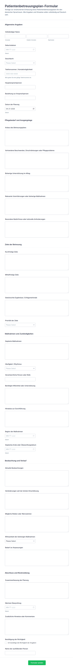 Patientenversorgungsplan Fragebogen