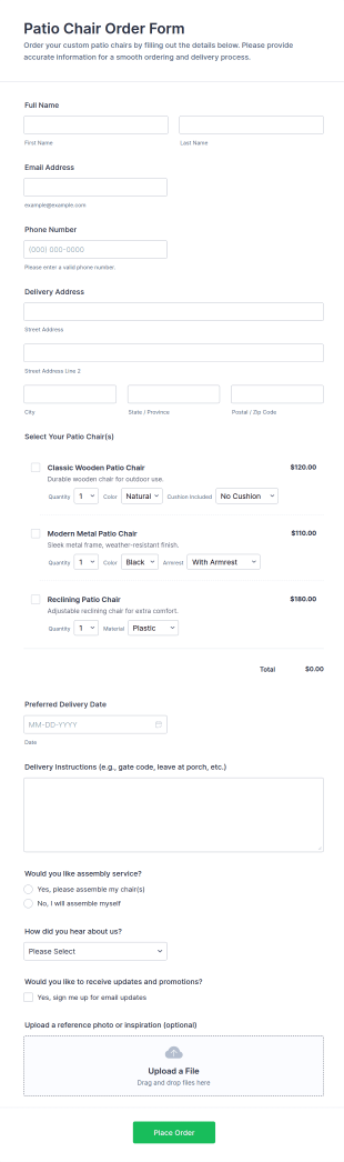 Patio Chair Order Form Template