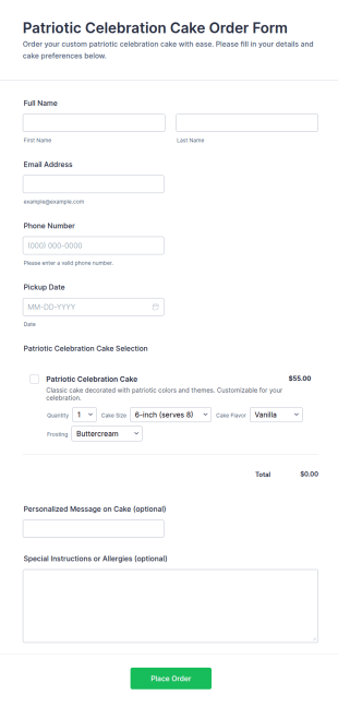 Patriotic Celebration Cake Order Form Template