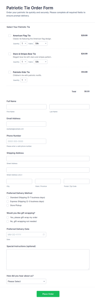 Patriotic Tie Order Form Template