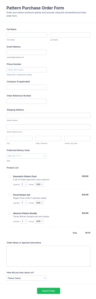 Pattern Purchase Order Form Template