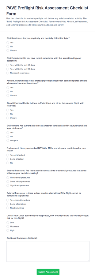 PAVE Preflight Risk Assessment Checklist Form Template
