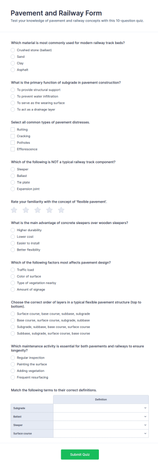 Pavement And Railway Quiz Form Template