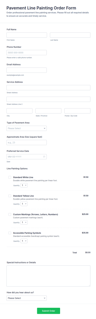 Pavement Line Painting Order Form Template