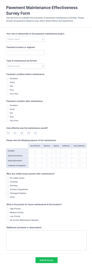 Pavement Maintenance Effectiveness Survey Form Template
