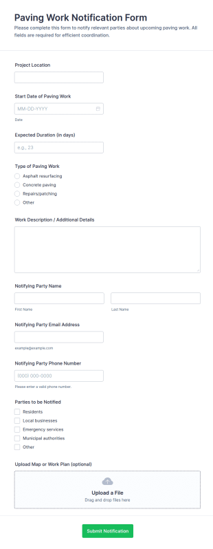 Paving Work Notification Form Template