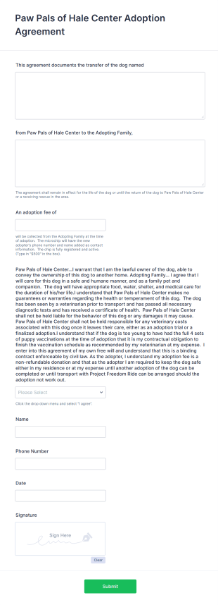 Dog Adoption Agreement Form Template