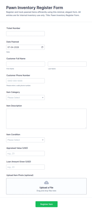 Pawn Inventory Register Form Template