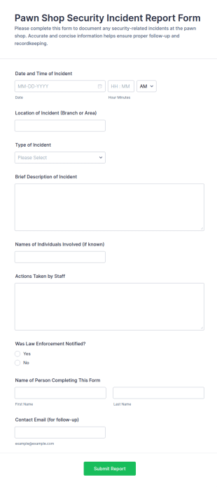 Pawn Shop Security Incident Report Form Template