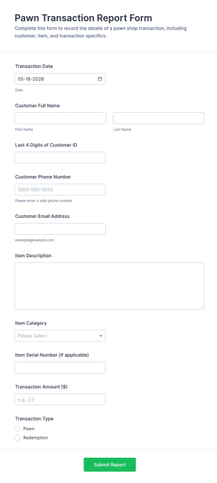 Pawn Transaction Report Form Template