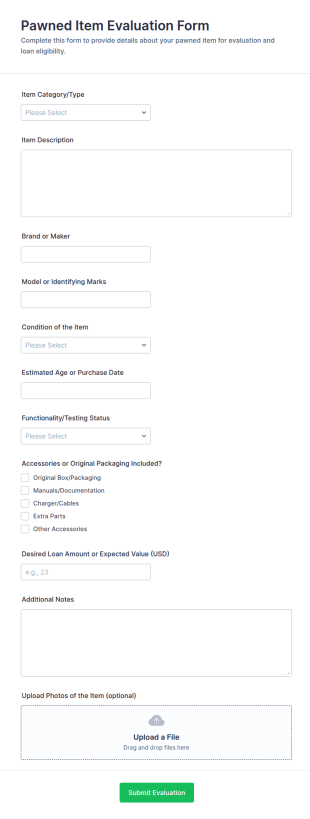 Pawned Item Evaluation Form Template