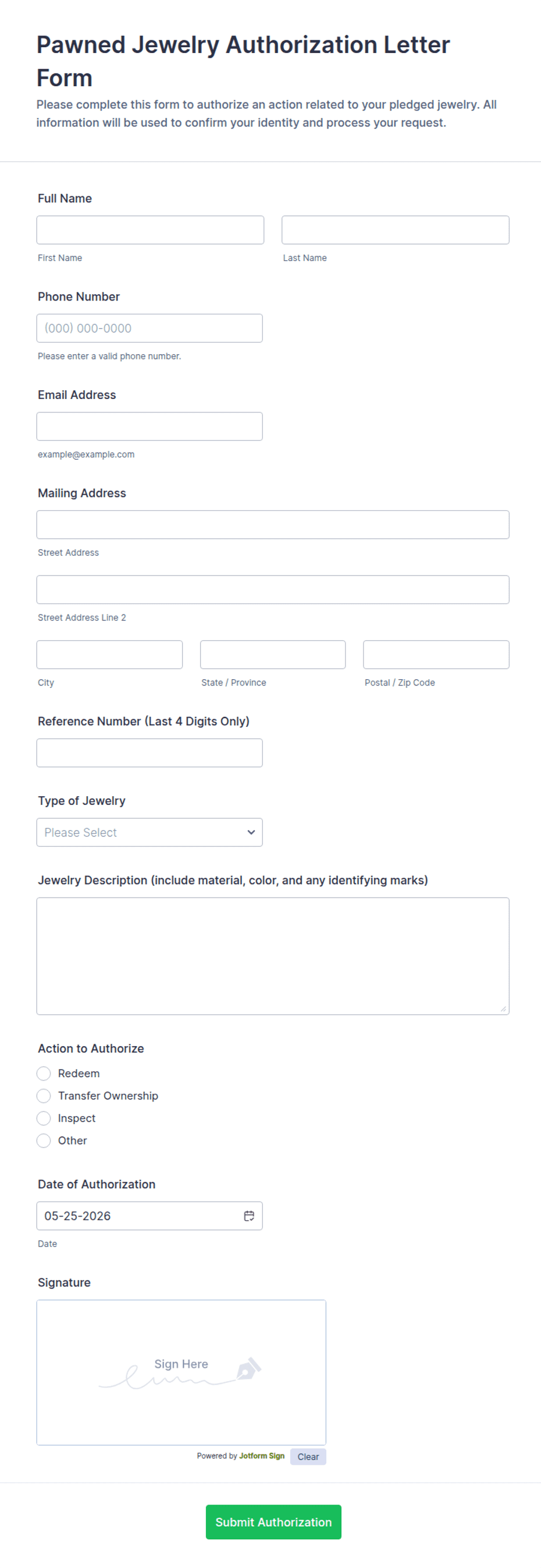 Pawned Jewelry Authorization Letter Form Template | Jotform
