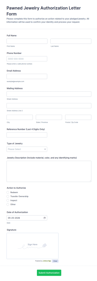Pawned Jewelry Authorization Letter Form Template