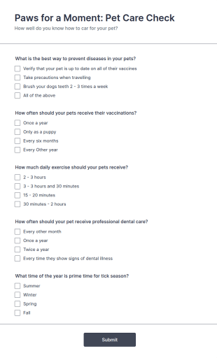 Pet Care Check Questionnaire Form Template