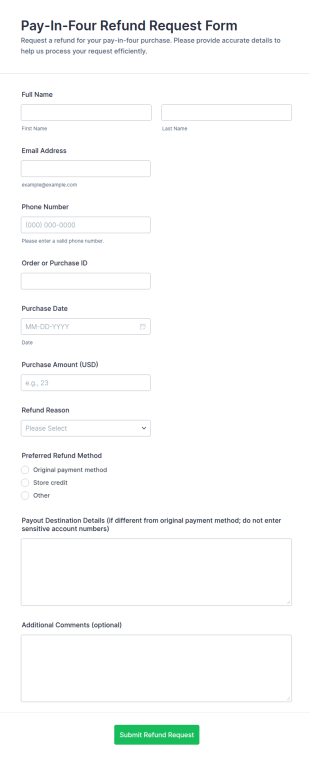 Pay In Four Refund Request Form Template