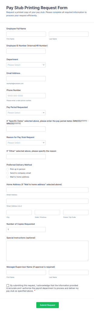 Pay Stub Printing Request Form Template
