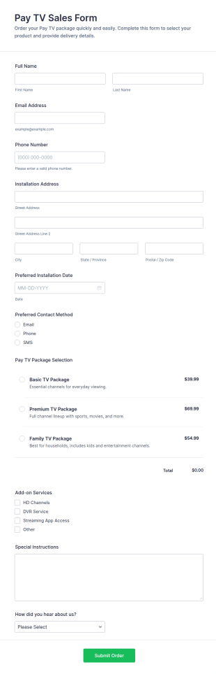 Pay TV Sales Form Template