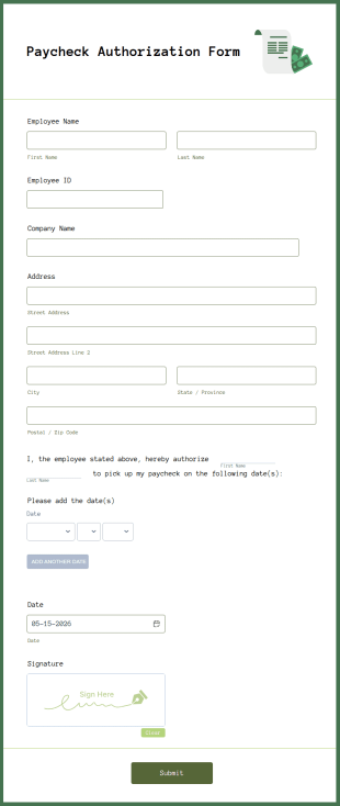 Paycheck Authorization Form Template