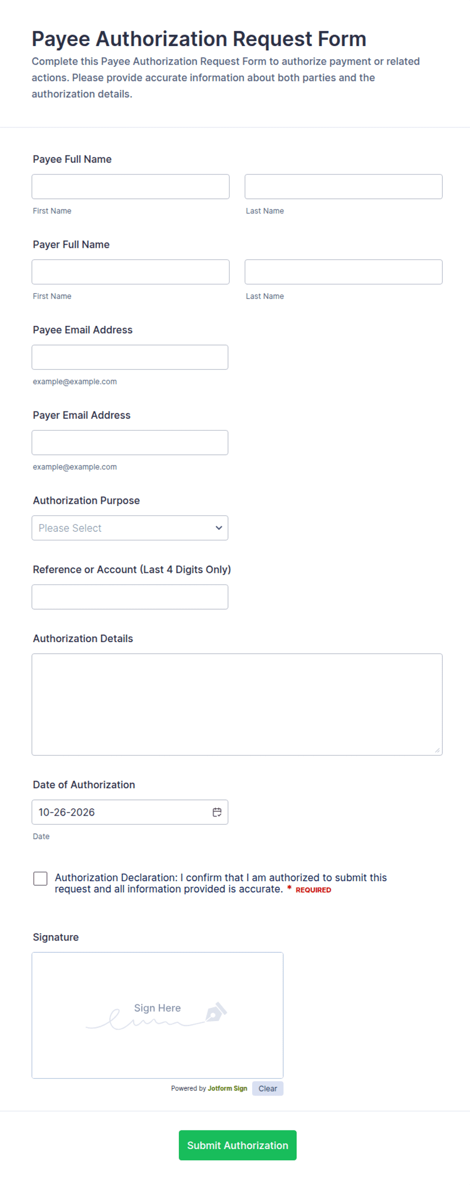 Payee Authorization Request Form Template | Jotform