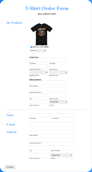 PayJunction T Shirt Order Form Template