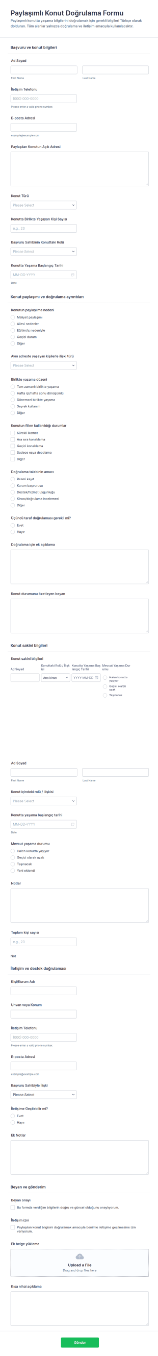 Paylaşılan Konut Doğrulama Anketi Form Şablonu