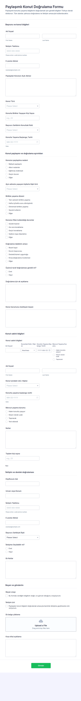 Paylaşılan Konut Doğrulama Anketi Form Şablonu