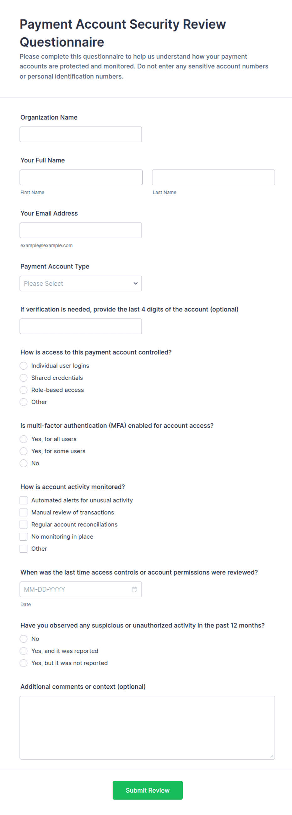 Payment Account Security Review Questionnaire Form Template | Jotform
