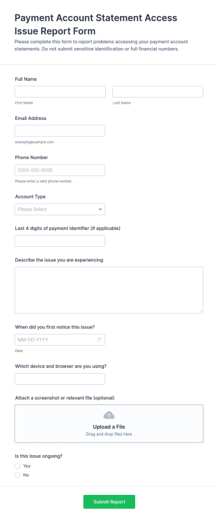 Payment Account Statement Access Issue Report Form Template