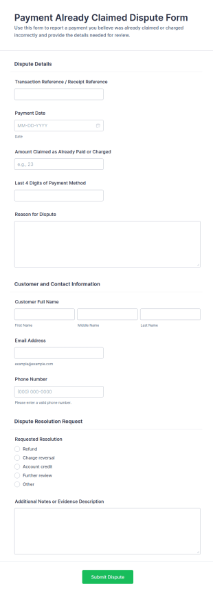 Payment Already Claimed Dispute Form Template