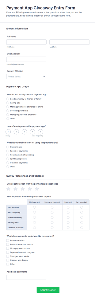 Payment App $1000 Giveaway Entry Form Template