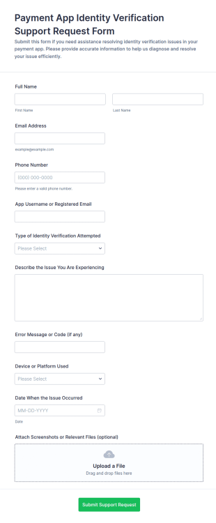 Payment App Identity Verification Support Request Form Template