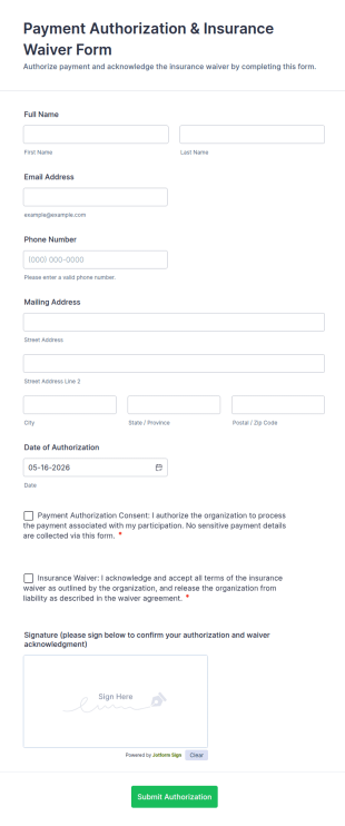 Payment Authorization & Insurance Waiver Form Template
