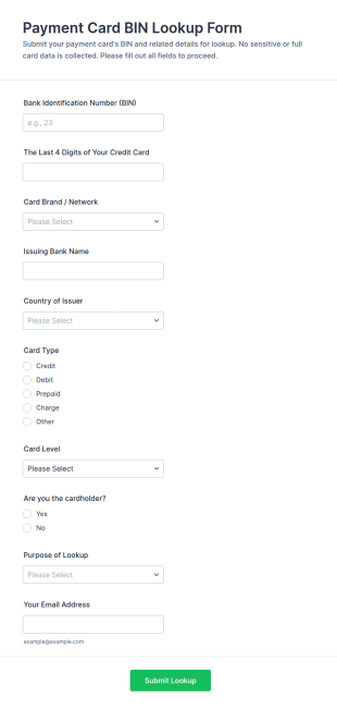 Payment Card BIN Lookup Form Template
