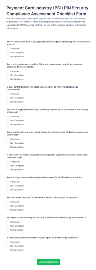 Payment Card Industry (PCI) PIN Security Compliance Assessment Checklist Form Template