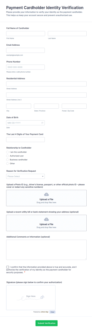 Payment Cardholder Identity Verification Form Template