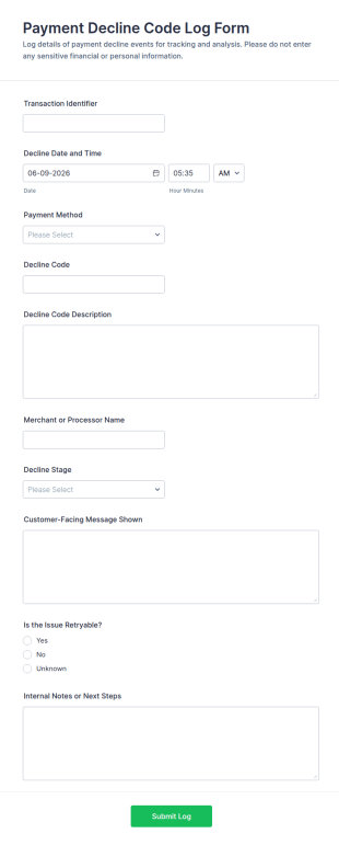 Payment Decline Code Log Form Template