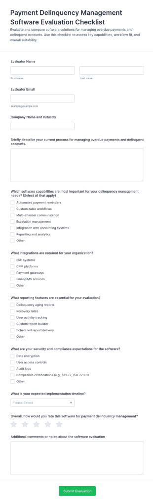 Payment Delinquency Management Software Evaluation Checklist Form Template
