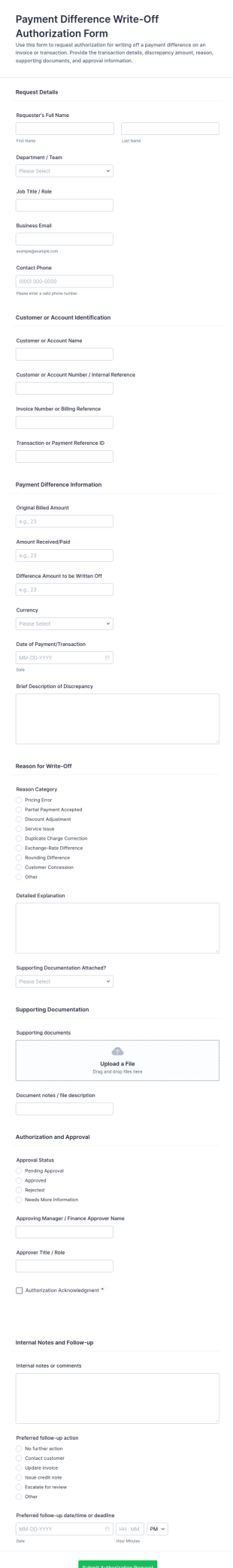 Payment Difference Write Off Authorization Form Template