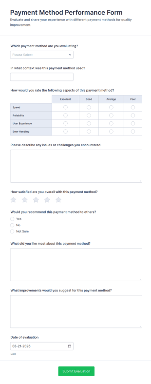Payment Method Performance Form Template